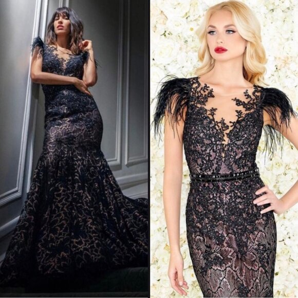 Mac Duggal 79230 Size 12 Black Feather Sleeve Illusion Neck Trumpet Gown Dress - Picture 1 of 5